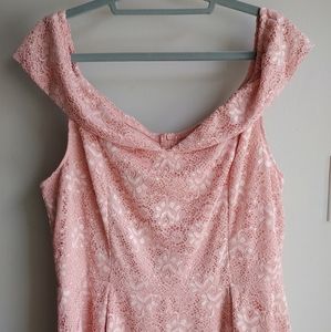 Off the Shoulder Pink Lace Overlay Summer Formal Dress